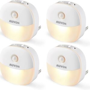 AUVON Plug in Night Light with Motion Sensor and Dusk to Dawn Sensor, Mini Warm White LED Nightlight with 1-50 lm Adjustable Brightness for Bathroom, Hallway, Stairs, Bedroom, Kitchen, 4 Packs