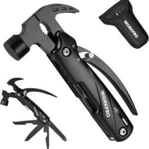 WORKPRO Multitool-12 in 1 Camping Tools with Mini Hammer-EDC Gear Multi Tools Hammer with Safety Lock and Pouch-Mini Multitools Gifts for Men and Women